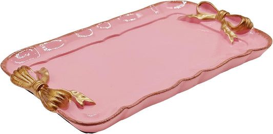 Cayway Vintage Decorative Tray Towel Tray, Vintage Resin Tray, Bow-Knot Resin Dish Plate for Fruit Trays Rings Bracelets Earrings Holder, Rectangle and Pink
