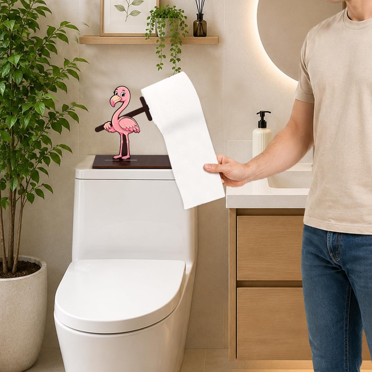 Funny Flamingo Toilet Paper Holder, 3D Pink Flamingo Bathroom Decor, Cute Cartoon Animal Toilet Paper Roll Holder Free Standinging for Bathroom Home, Fun Gift for Home, Friends & Family