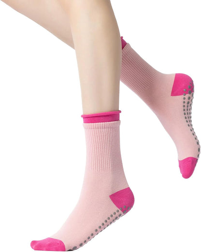 Verdancy Yoga Pilates Socks with Non-Slip Grips for Women Color-Blocked Cushioned Crew Socks for Barre Ballet Dance