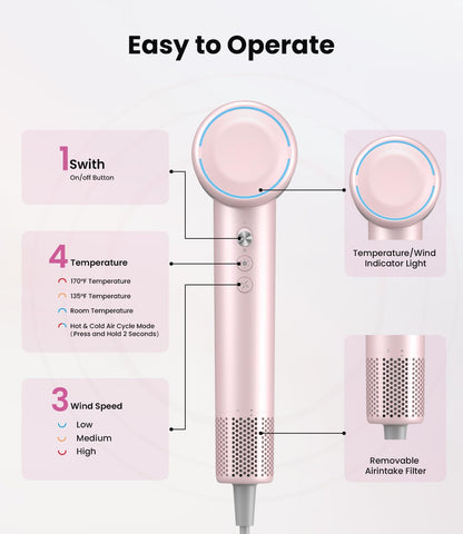 Hair Dryer,150000 RPM Ionic Blow Dryer with 500M Negative Ions, Lightweight Travel Hair Dryer with Magnetic Diffuser & Nozzle for Fast Drying, Low Noise Brushless Motor for Salon & Home Use,Pink