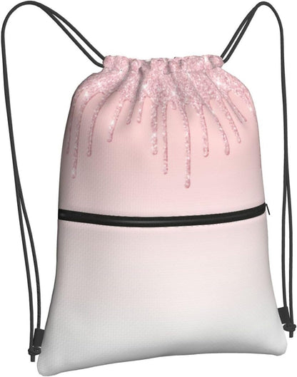 Pink Glitter Drip Drawstring Backpack, Gym Swim Bag Cinch Bag For Women Men With Zipper Pocket