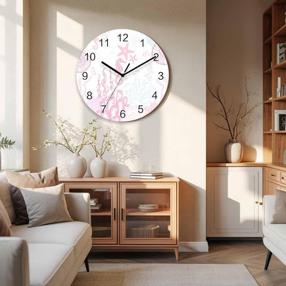 Ocean Wall Clock Battery Operated Non-Ticking 10" Round Wood Clocks, Seahorse Coral Shell Starfish Pink Kitchen Wall Clock for School Bathroom Living Room Home Office Wall Decor
