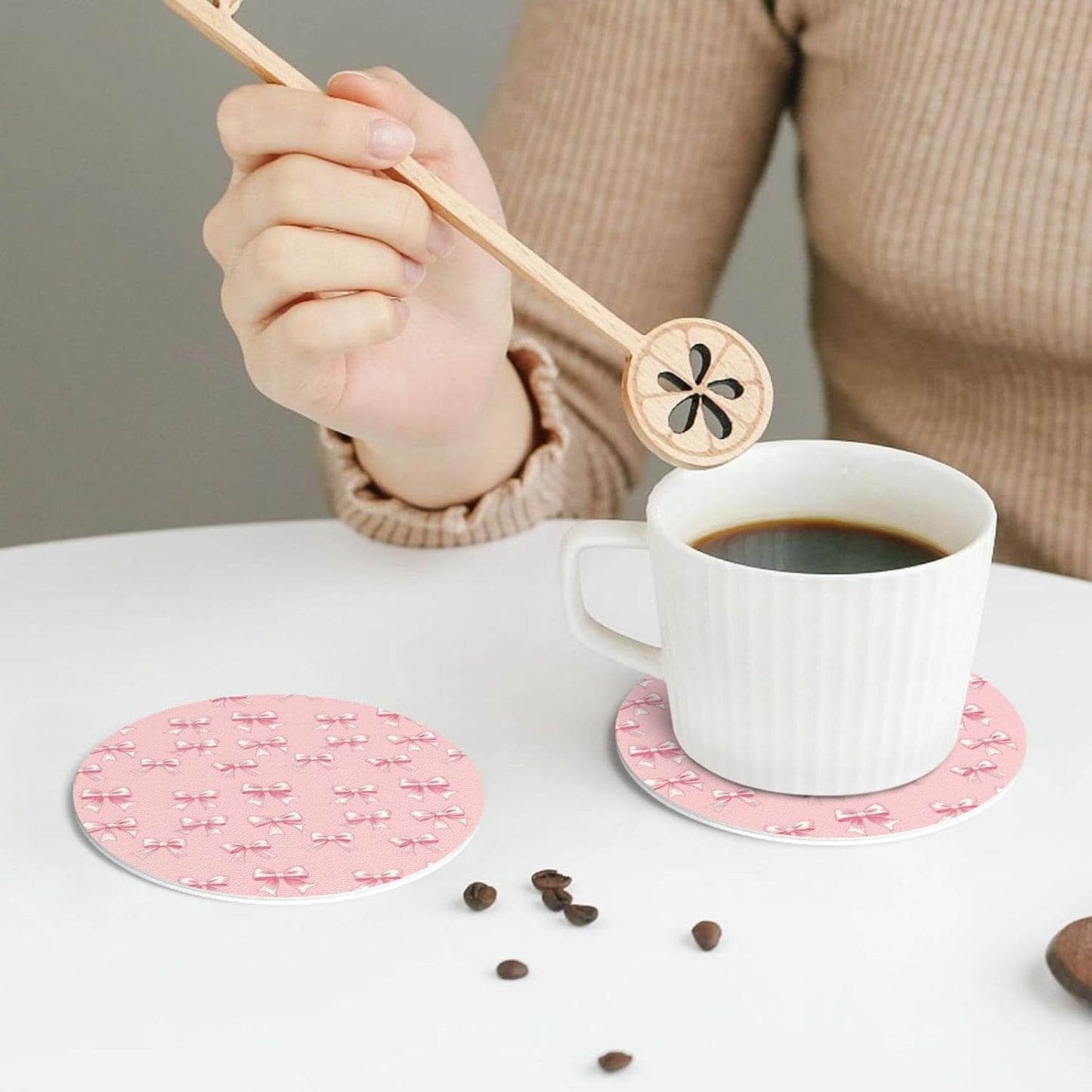 Leather Coasters Set of 4 - Ribbon Bow Pink Print Lightweight Drink Coasters for Desk, Non-Slip Anti-Scalding Desk Coaster Cup for Table Office Decor
