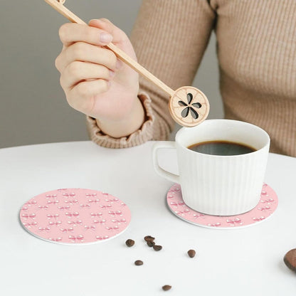 Leather Coasters Set of 4 - Ribbon Bow Pink Print Lightweight Drink Coasters for Desk, Non-Slip Anti-Scalding Desk Coaster Cup for Table Office Decor