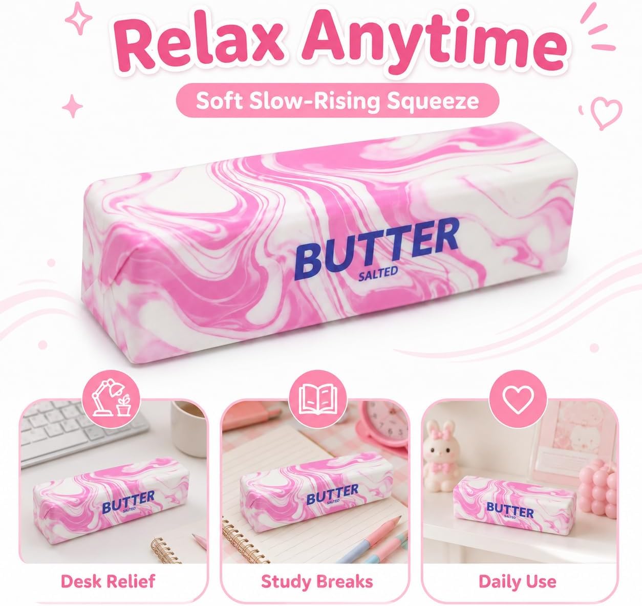 Pink Butter Squishy, Upgraded Slow Rising Rainbow Marble Colorful Stress Relief Stick, Soft and Satisfying Squeeze for Office or Home (Pink Butter)