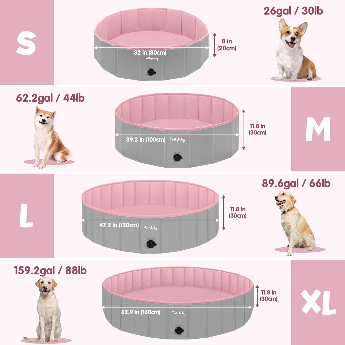 Furrybaby Foldable Dog Pool 32", Hard Plastic Kiddie Pool for Dogs, Collapsible Dog Pool with Rigid PP Core, Non-Slip PVC, Durable Pet Bath Tub for Indoor/Outdoor Backyard, Pink