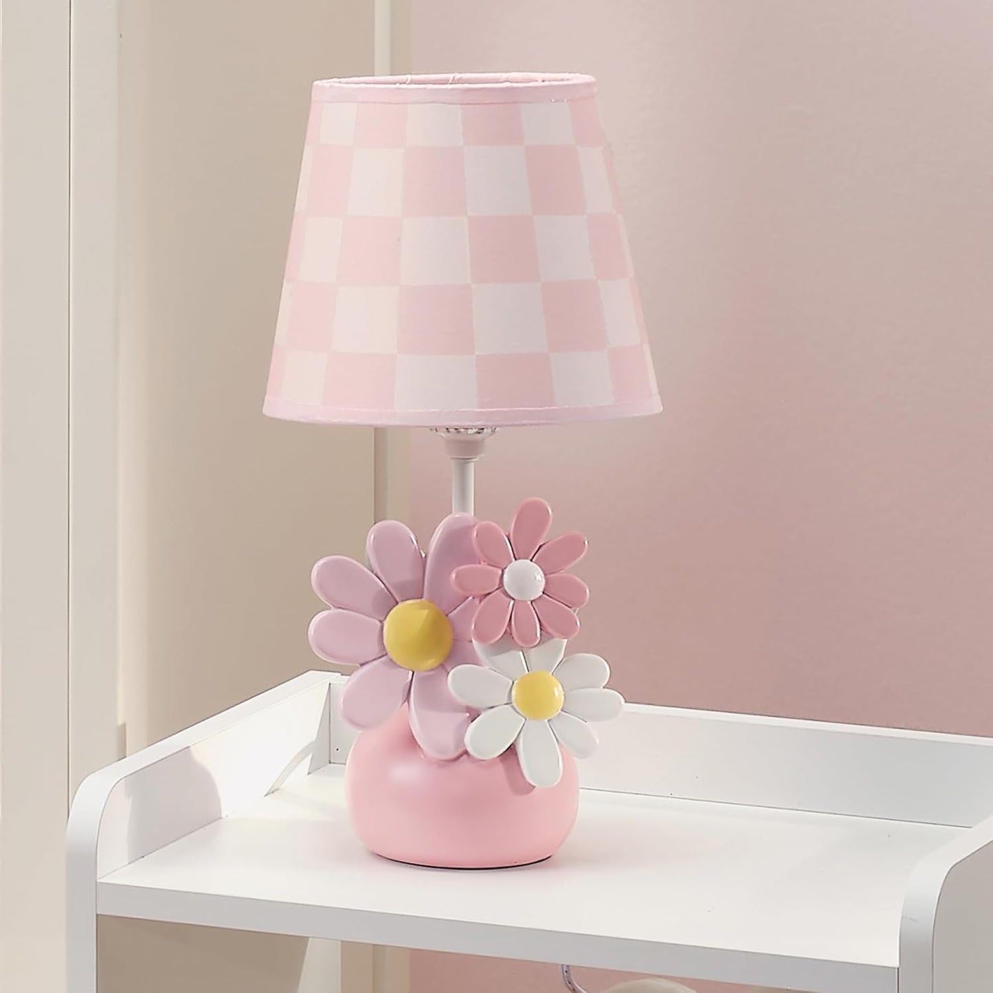 Lambs & Ivy Daisy Dreams Hand-Painted Pink Floral Lamp w/Shade and LED Bulb