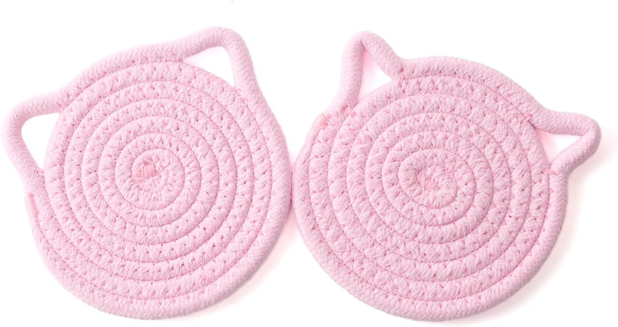 Desk Coaster Cat Coasters Pink Set of 2 Large 4.8 Inch Absorbent Cotton Fabric Drink Coasters for Office Desk Protect Wooden Table Coffee and Tea Decor