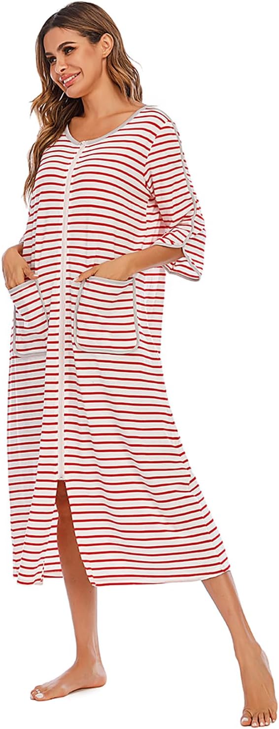 RONGTAI Comfy Cotton Long Robe with Front Zipper - Slimming Striped 3/4 Sleeve Nightwear with Pockets for Women (Year-Round)
