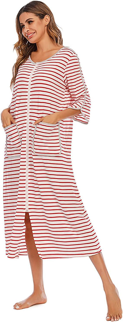 RONGTAI Comfy Cotton Long Robe with Front Zipper - Slimming Striped 3/4 Sleeve Nightwear with Pockets for Women (Year-Round)