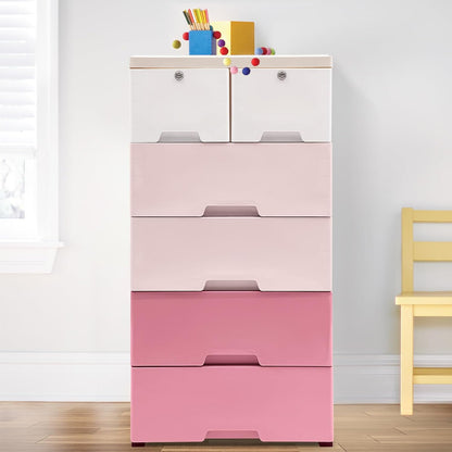 NOLANTIS Kids Plastic Storage Cabinet with 6 Drawers and Locks, Food-Grade PP Material, Large Capacity Organizer with Wheels and Safety Features for Bedroom, Nursery & Playroom (Gradient Pink)