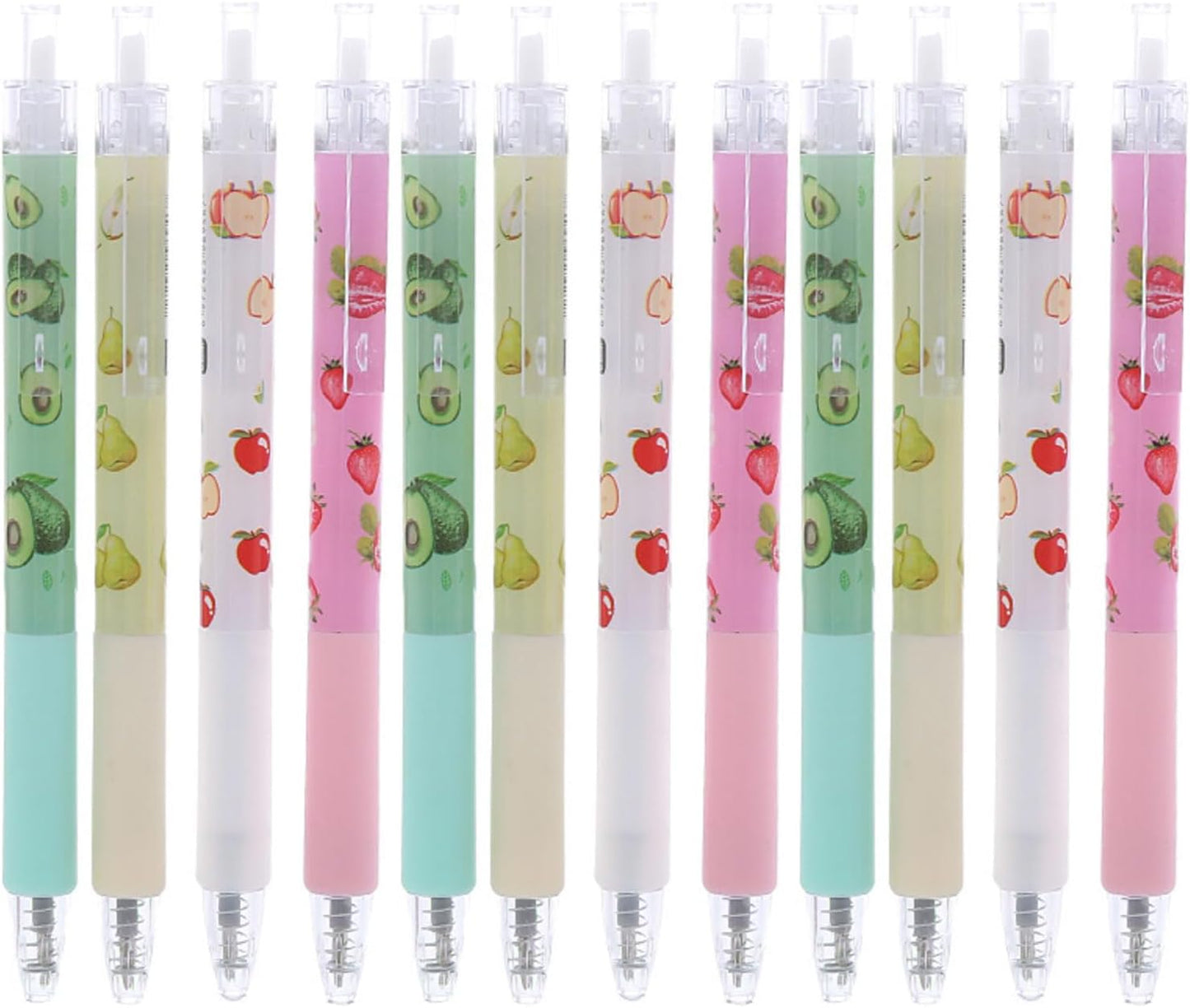 12PCS Fruit-Themed Gel Pens, Cute Retractable Writing Pens Featuring Strawberry, Cherry, Peach, Apple, Avocado, and Pear Designs, 0.5mm Black Ink Rollerball Pens for Students