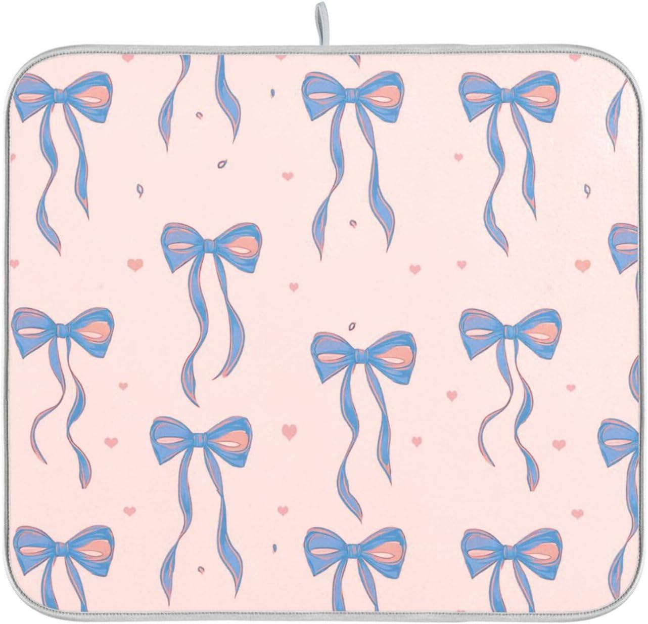Light Blue Pink Bow Dish Drying Mat for Kitchen Counter 16 x 18 Inch Rack Pads Microfiber Dry Dishes Drainer Mats Dish Drying Pad Tableware Countertops Decor