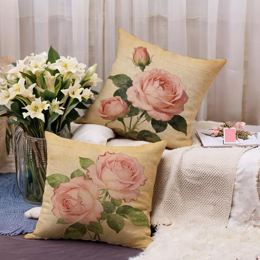 7COLORROOM Decorative Romantic Flower Pillow Cover Vintage Shabby Chic Peach Pink Rose Floral Cushion Cover Square Cotton Linen Pillowcase for Sofa Bedroom Car 18x18 Inch Set of 2 (Peach Pink)