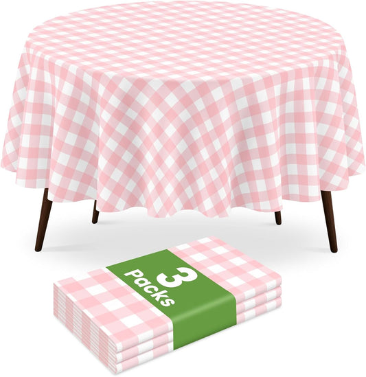 3 Pack Pink and White Checkered Tablecloth, Round Pink Gingham Plastic Table Cloths for Parties Disposable, 84x84 in Waterproof Camping Tablecloth for Birthday Party Baby Shower Picnic School