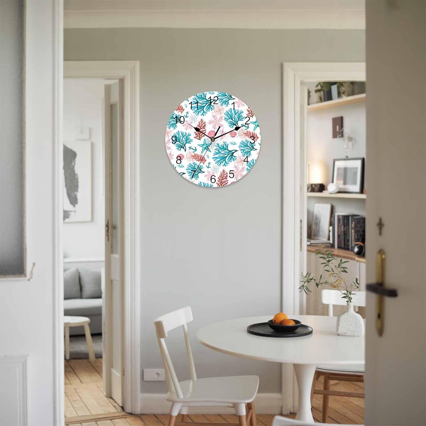 Wall Clock Ocean Coral Shell Clocks PVC Silent Non-Ticking Battery Operated Decorative Turquoise Pink Starfish Anchor Round Clock for Home Living Room Kitchen Bedroom Office School Wall Decor 10 Inch