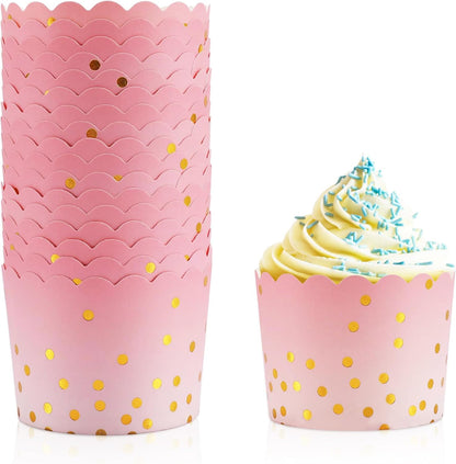 Pink Cupcake Liners for Baking, Standard Size Muffin Paper Liners with Gold Polka Dots, 50Pack Baking Cups for Baby Shower, Birthday Party, Valentines Day, Mother's Day Cupcake Liners