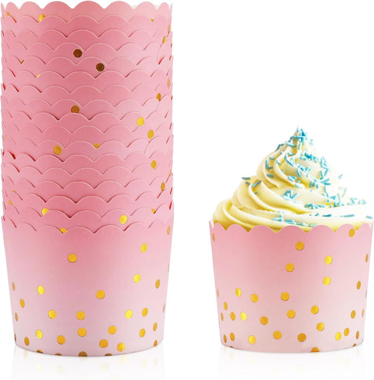 Pink Cupcake Liners for Baking, Standard Size Muffin Paper Liners with Gold Polka Dots, 50Pack Baking Cups for Baby Shower, Birthday Party, Valentines Day, Mother's Day Cupcake Liners