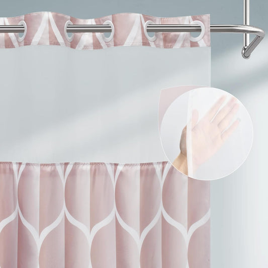 Yiatn No Hook Rosewater Pink Shower Curtain with Snap in Fabric Liner Set - Hotel Style with See Through Mesh Top Window, Modern Geometric Waterdrop Design,Waterproof and Washable, 71x74 INCH