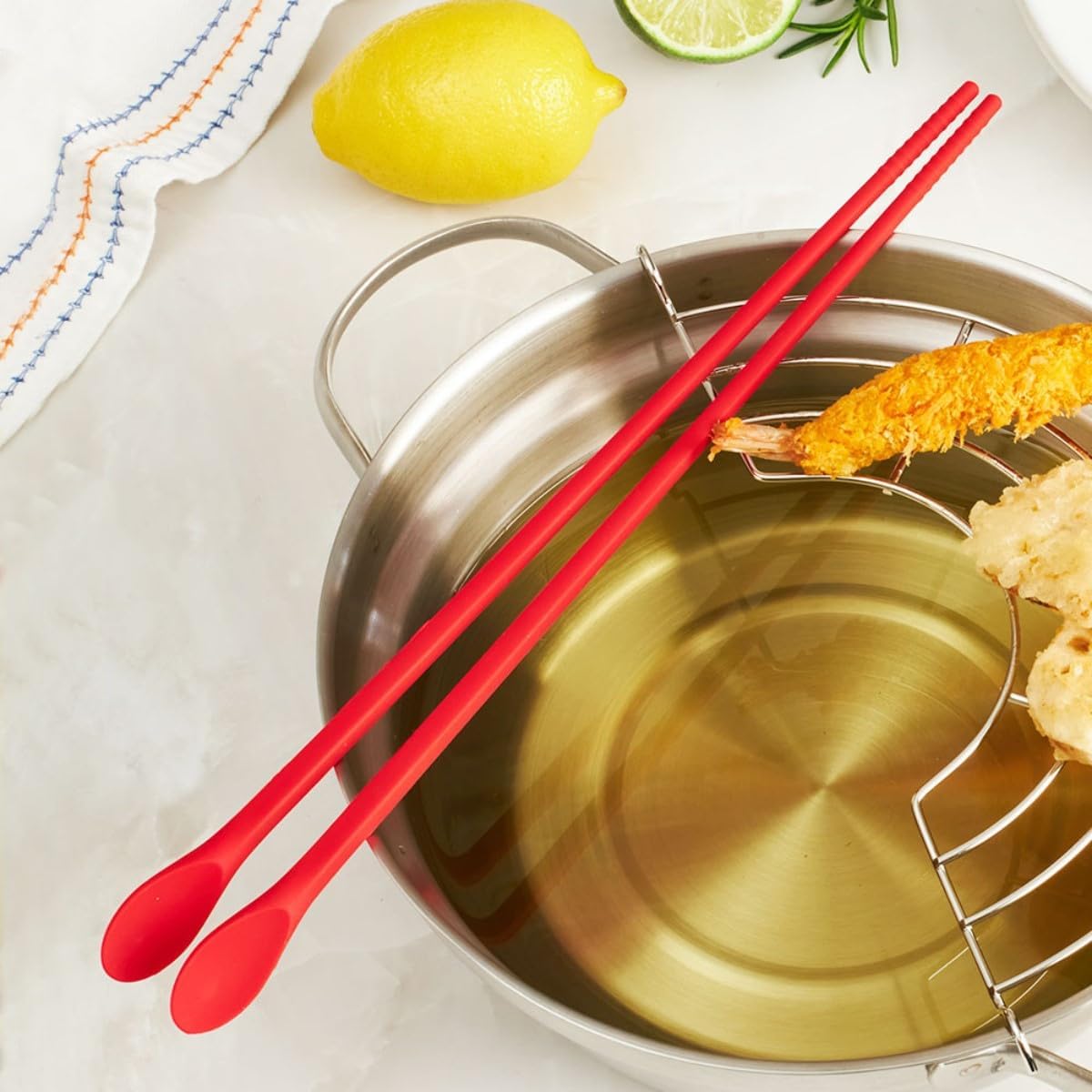 Reusable 12" Long Silicone Cooking Chopstick with Spoon & Band – Non-Slip, Stainless Steel Core, Non-Scratch Utensil for Tempura, Frying, Hot Pot, BPA-Free, Dishwasher Safe, Made in Korea ( Pink )