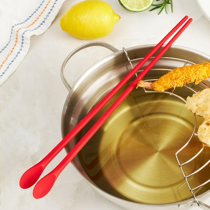 Reusable 12" Long Silicone Cooking Chopstick with Spoon & Band – Non-Slip, Stainless Steel Core, Non-Scratch Utensil for Tempura, Frying, Hot Pot, BPA-Free, Dishwasher Safe, Made in Korea ( Pink )