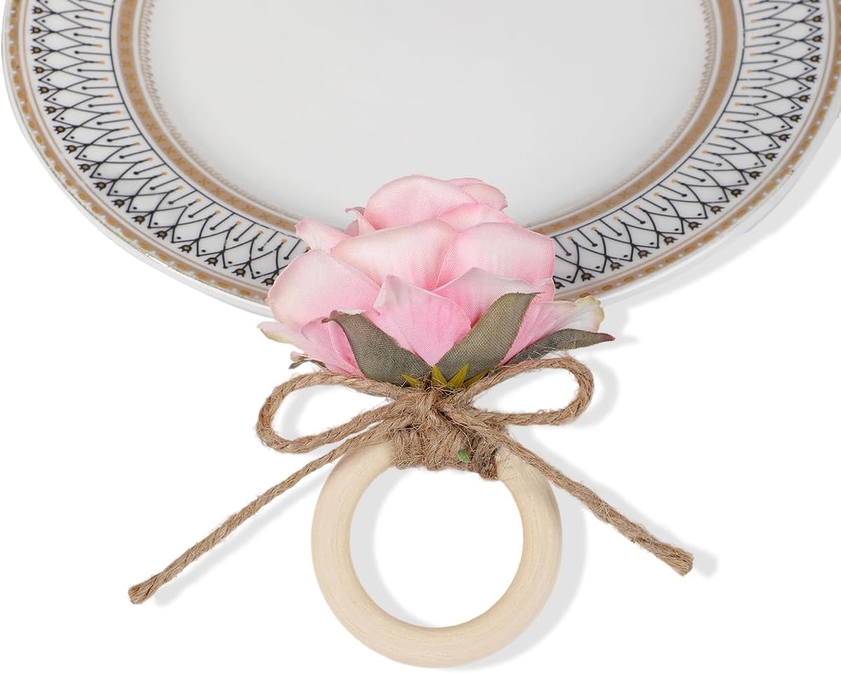 Flower Napkin Rings,24Pcs Floral Napkin Holders Wood Ring Buckles for Wedding Bridal Shower Thanksgiving Day Party Dinner Table Decoration (Pink)
