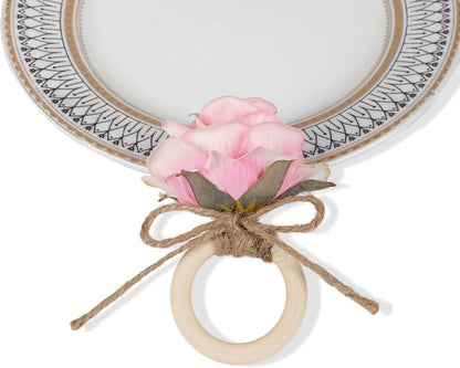Flower Napkin Rings,24Pcs Floral Napkin Holders Wood Ring Buckles for Wedding Bridal Shower Thanksgiving Day Party Dinner Table Decoration (Pink)
