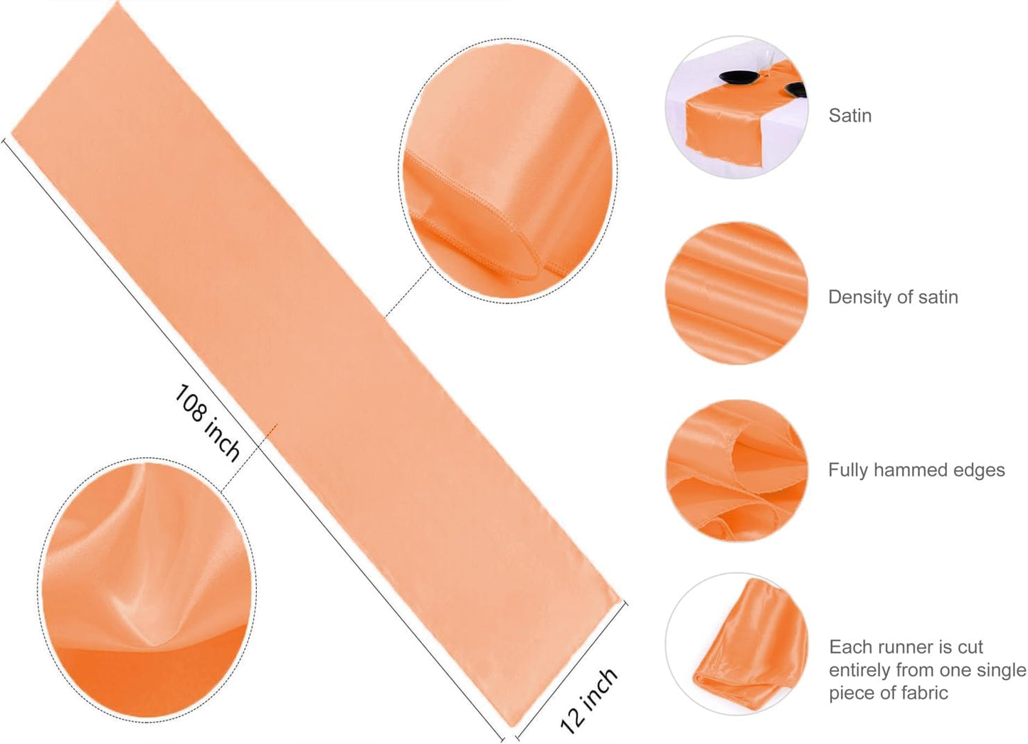 VDS Pack of 2 Satin Table Runners 12" x 108" - Charmeuse Sateen Silk Centerpiece Cloth Linen for Wedding Birthday Graduation Engagement Ceremony Event Party Banquet Table Decoration (Peach)