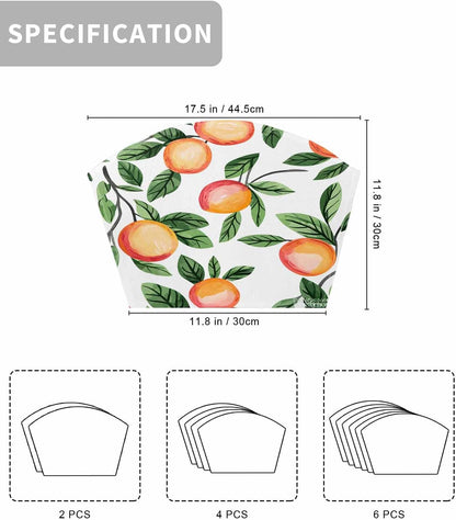 Round Table Placemat Wedge Placemats Set of 6,Spring Summer Country Peach on White Placemat Washable Table Mats,Farmhouse Green Leaves Fan Shaped Place Mats for Kitchen Dinner Party Decor
