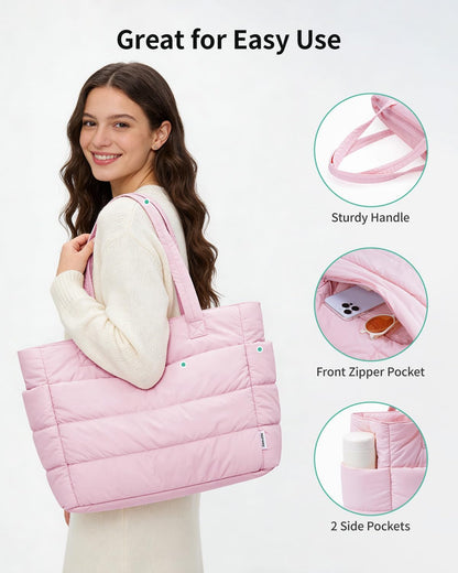 Narwey Nylon Puffer Tote Bag for Women, Puffy Work Nurse Teacher Tote Bag, Quilted Shoulder Bag for Travel, Gym, Gifts