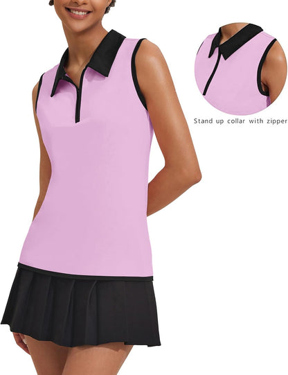 COOrun Women's Golf Polo T Shirts Lightweight Moisture Wicking Sleeveless Shirt Quick Dry Zipper Tank Top