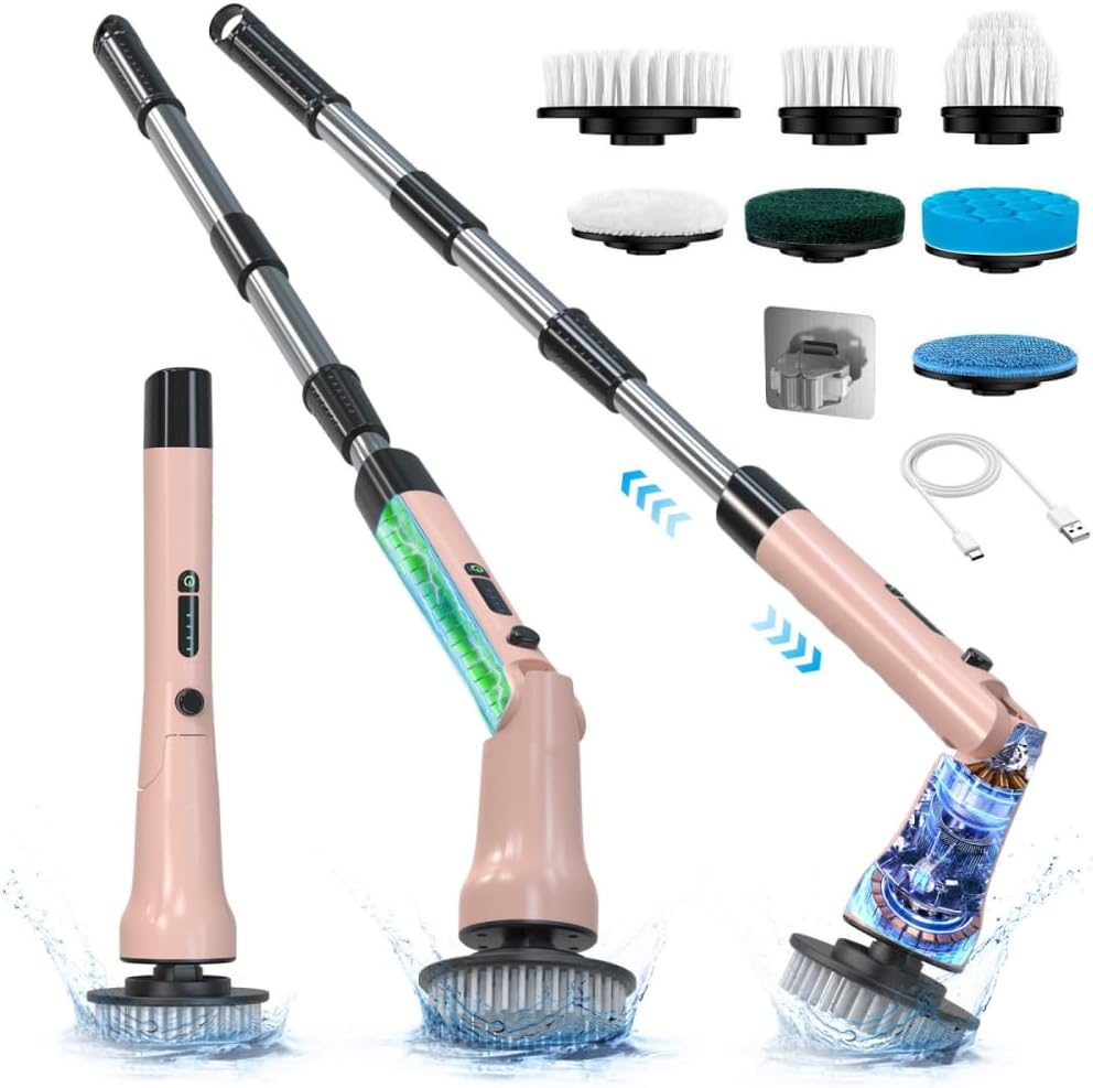 Electric Spin Scrubber, Hillyfe Bathroom Scrubber Electric with 7 Replaceable Brush Heads, IPX7 Waterproof,300/400 RPM, 3 Adjustable Length,Scrubber Brush Electric for Bathtub Floor,Pink
