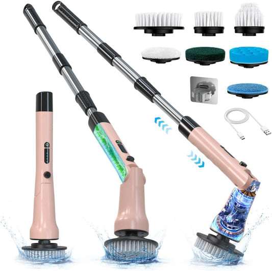 Electric Spin Scrubber, Hillyfe Bathroom Scrubber Electric with 7 Replaceable Brush Heads, IPX7 Waterproof,300/400 RPM, 3 Adjustable Length,Scrubber Brush Electric for Bathtub Floor,Pink