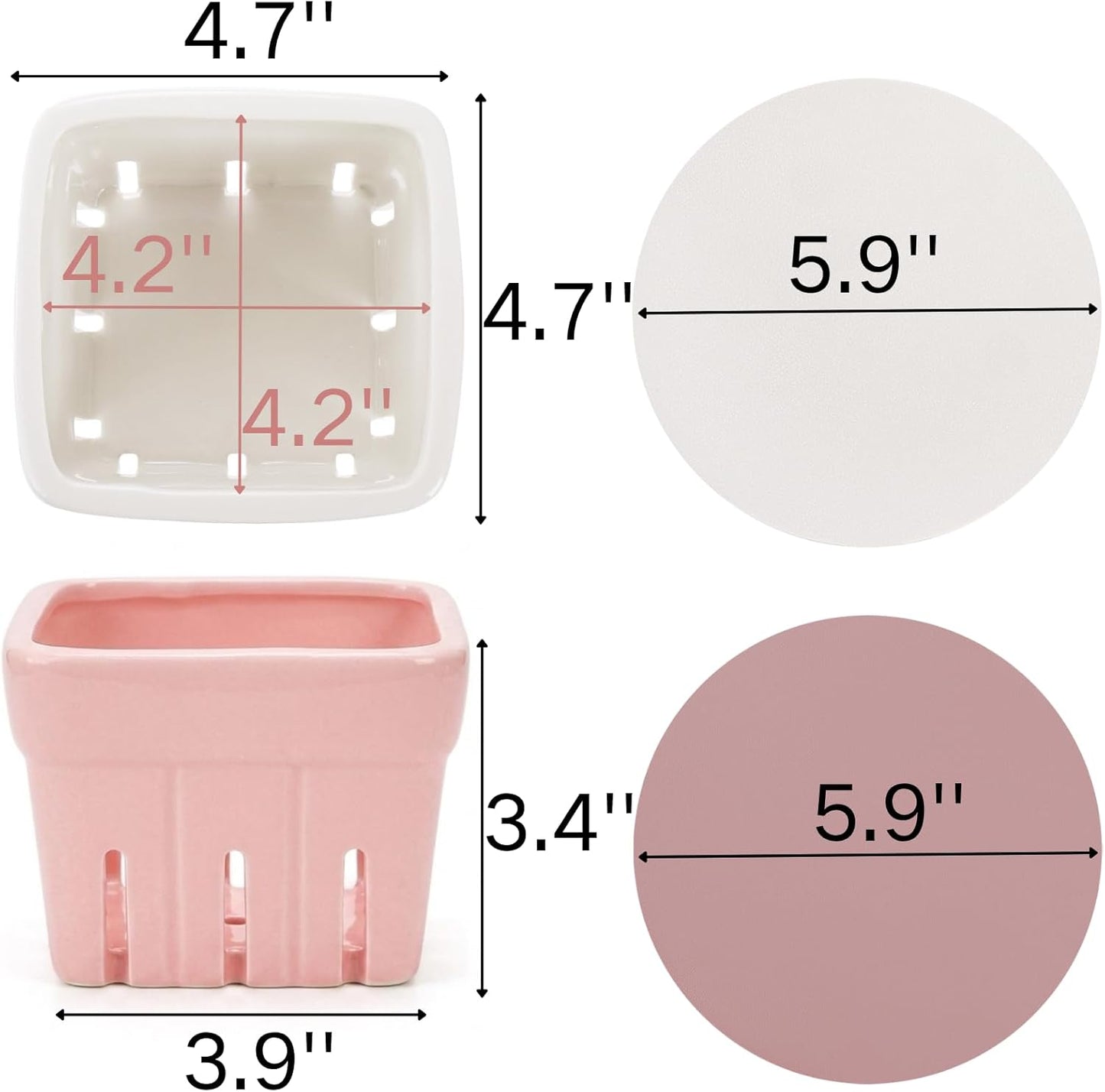 Pumtus 4 Pack Ceramic Berry Baskets, 4.7" Square Fruit Bowl with Holes & Pads, Pink White Fridge Berry Container, Decorative Strawberry Grape Cherry Colander, Fruit Crate Holder for Gift Kitchen