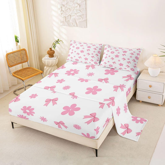 Feelyou Cute Bow Bed Sheets Sets Queen Size Kids Boys Girls Kawaii Flower Floral Bedding Set Pink Bed Sheet Set with 16-Inch Deep Pockets 4Pcs with 2 Pillow Cases