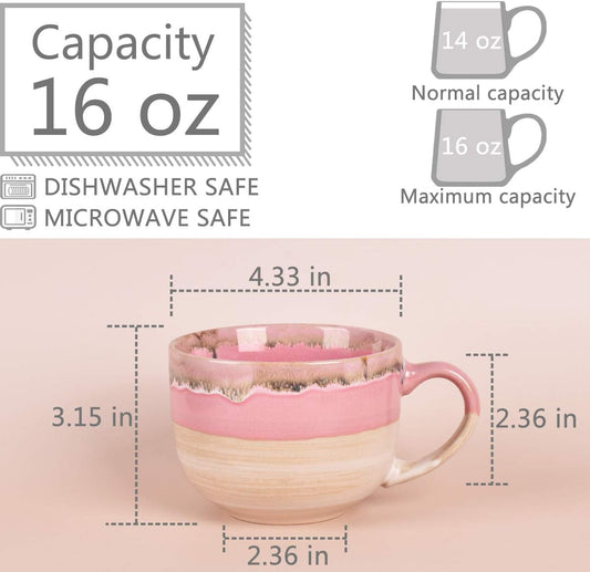 Bosmarlin Large Ceramic Coffee Mug Set of 2, Stoneware Jumbo Latte Mugs Tea for Office and Home, 16 Oz, Dishwasher and Microwave Safe(Pink, 2)