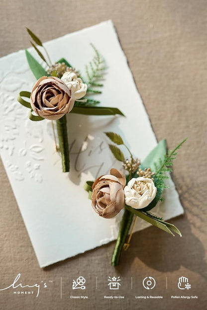 Ling's moment Boutonniere for Men, 2pcs Groom Groomsmen Guest Boutonniere, Artificial Flowers for Wedding/Prom/Homecoming, etc.Soft Peach Brown