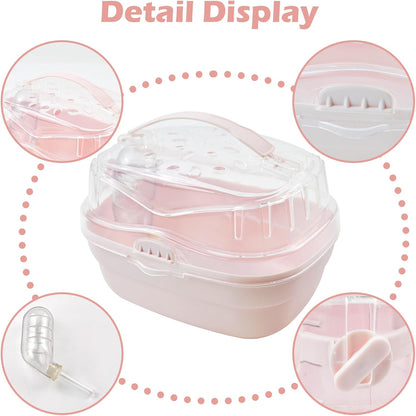Hamster Carrier Cage with Water Bottle,Portable Hamsters Travel Cage Plastic Guinea Pig Carrying Cases Small Animal Carry Cage for Dwarf Hamsters Chinchillas Hedgehog Mouse(Pink)