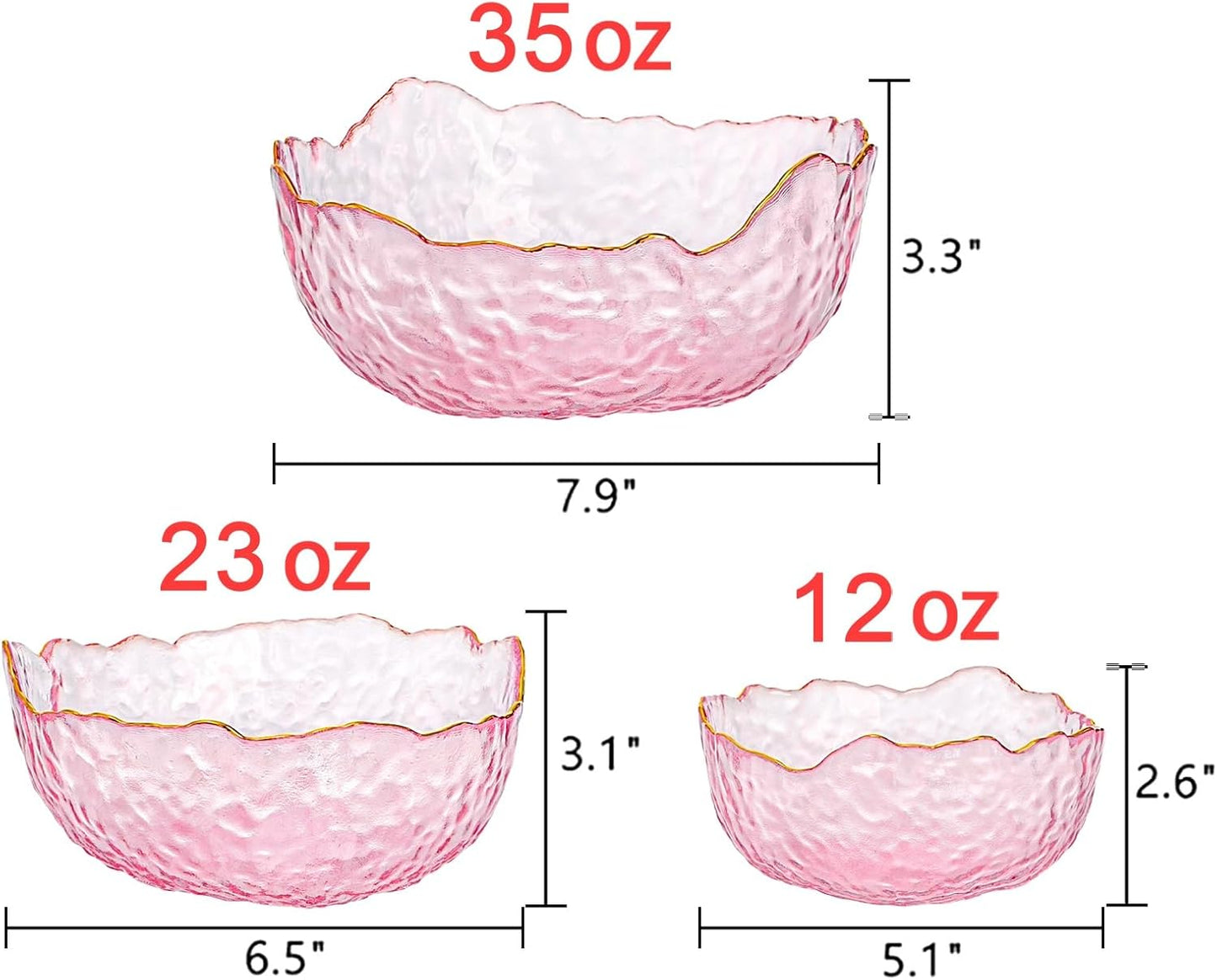 ZEAYEA Set of 3 Glass Salad Bowls, Pink Serving Bowls for Kitchen Prep, Decorative Large Candy Bowl, Irregular Shape Space Saving Nesting Set for Salad, Fruit, Snack, Dessert