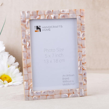 Handicrafts Home Mother of Pearl Picture Frame 5x7, Decorative Photo Frame for Tabletop or Wall, Handmade Shell Mosaic Frame, Modern Home Decor, Gift Picture Frame, Pink