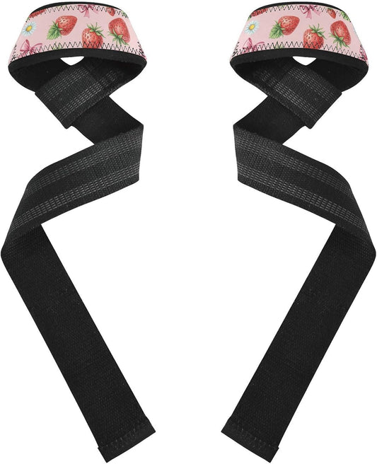 Strawberries Flowers Bow Pink Print Lifting Wrist Straps for Weightlifting Powerlifting Anti Slip Deadlift Straps with Neoprene Padding Hand Grip Wraps for Gym Workout Strength Training Bodybuilding