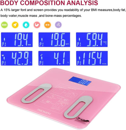 Triomph Precision Digital Bathroom Body Fat Scale with Backlit LCD Display, Body Composition Analyzer Measures Weight,Body Fat,Water,BMI,Muscle,Bone Mass and Calorie,400 lbs,Fat Loss Monitor,Pink