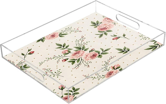 Vintage Floral Pink Serving Tray 12" x 16" Acrylic Trays with Handles Decorative Serving Platter for Coffee, Breakfast in Bed, Dinner, Appetizers, Patio, Party