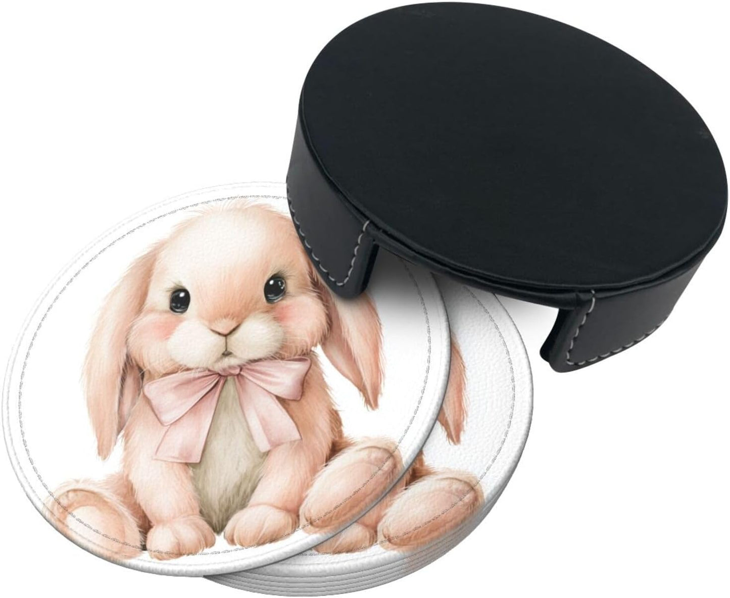 Watercolor Animal Light Pink Bunny Wearing Bow Premium Leather Coasters, Set of 6 with Holder, Stylish Beverage Coasters for Kitchen Coffee Bar