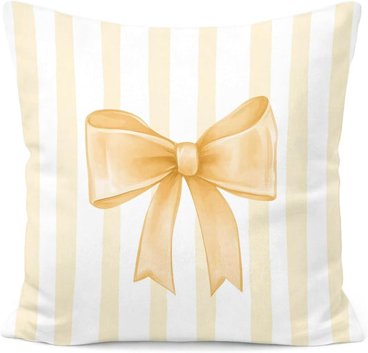 Yellow Bow Decorative Throw Pillow 18x18 Inch – Cute Blush Pink Striped Pillow Cover for Girls Room, Baby Nursery, Sofa or Bedroom Decor