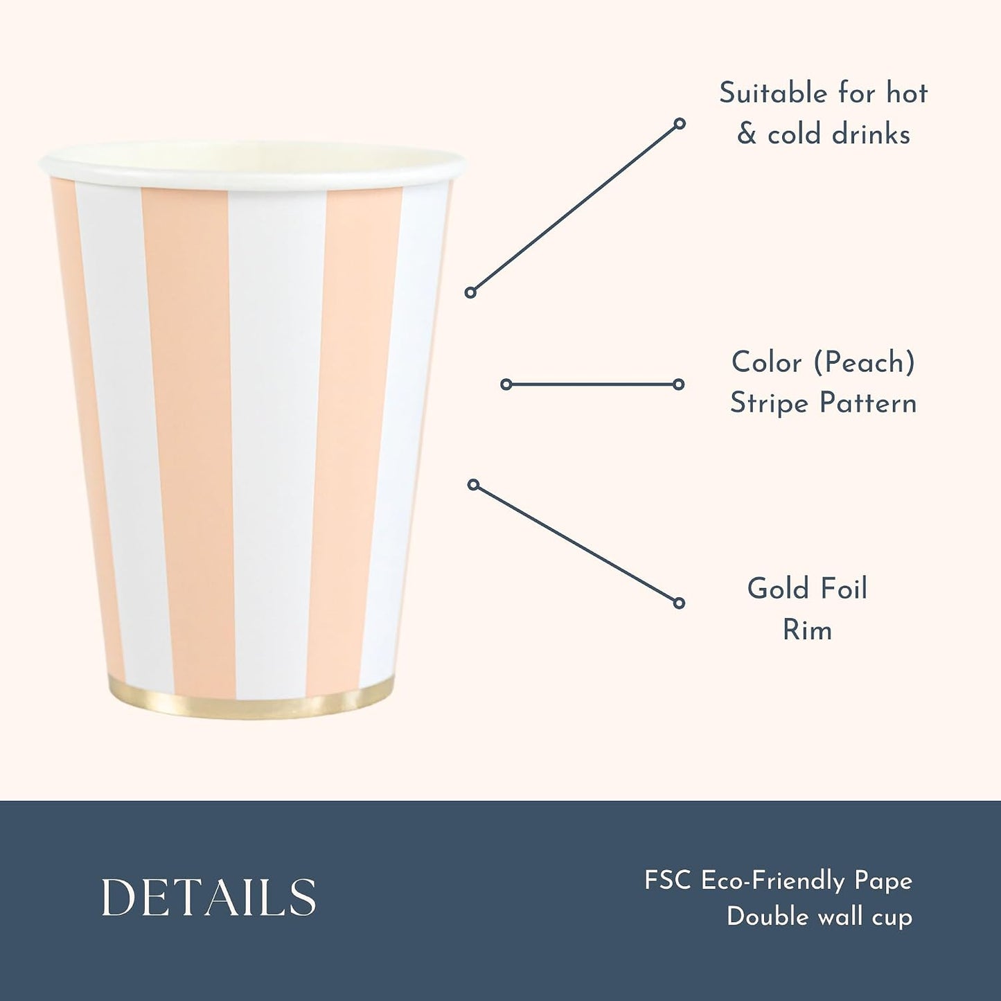 Bonjour Fête Light Peach Cabana Stripe Party Cups | Disposable Cups for Holidays, Baby Showers, Easter & Birthday Parties | Premium Party Supplies & Decorations | Pack of 8 | 12oz size