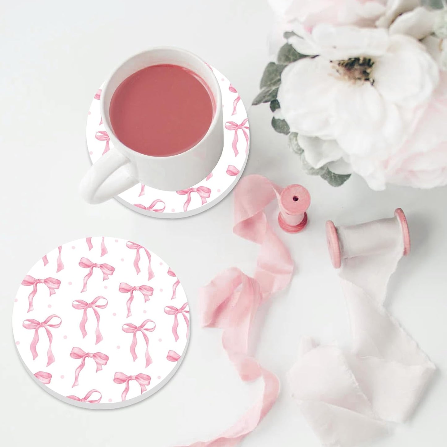 FYSUIMU 6Pcs Pink Bow Coasters Cute Coquette Bowknots Ceramic Drink Coasters Absorbent Cup Mat for Home Kitchen Office Party Table Decor
