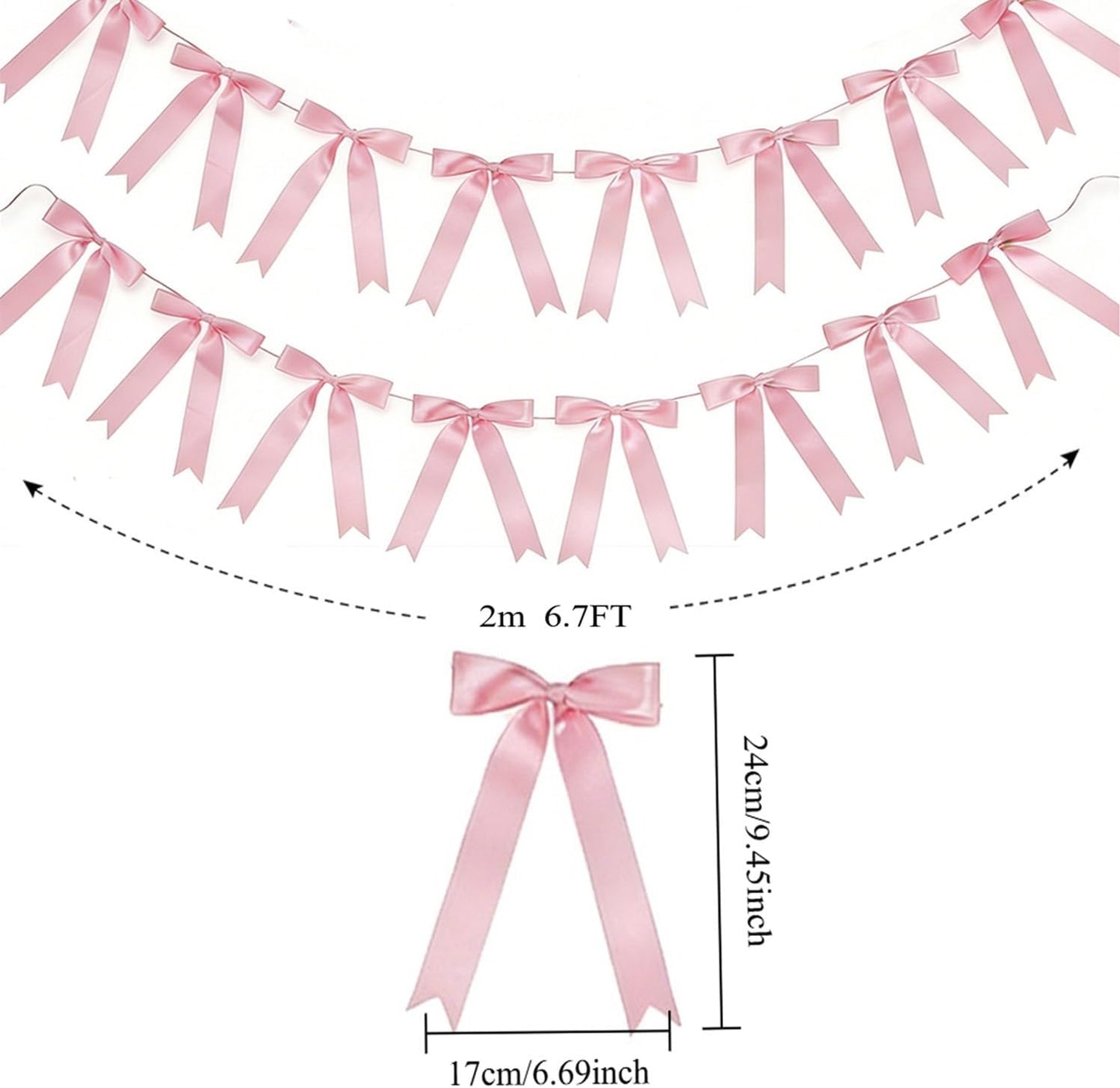2 Strings 16pcs Pink Bow Garland Banner, Pre-Strung Satin Ribbon Decorations for Coquette Theme Birthday Party, Baby Shower, Bridal Shower, Bachelorette Party, Wedding, Anniversary Decor