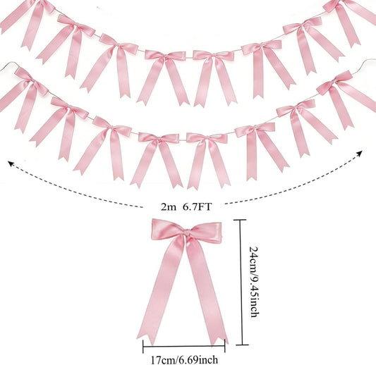 2 Strings 16pcs Pink Bow Garland Banner, Pre-Strung Satin Ribbon Decorations for Coquette Theme Birthday Party, Baby Shower, Bridal Shower, Bachelorette Party, Wedding, Anniversary Decor