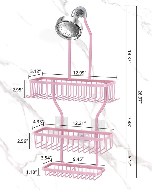 Pink Shower Caddy for Bathroom - Never Rust Hanging Shower Organizer with Soap Basket and Hooks - Large Capacity 3 Tier Aluminum Over The Showerhead Caddy
